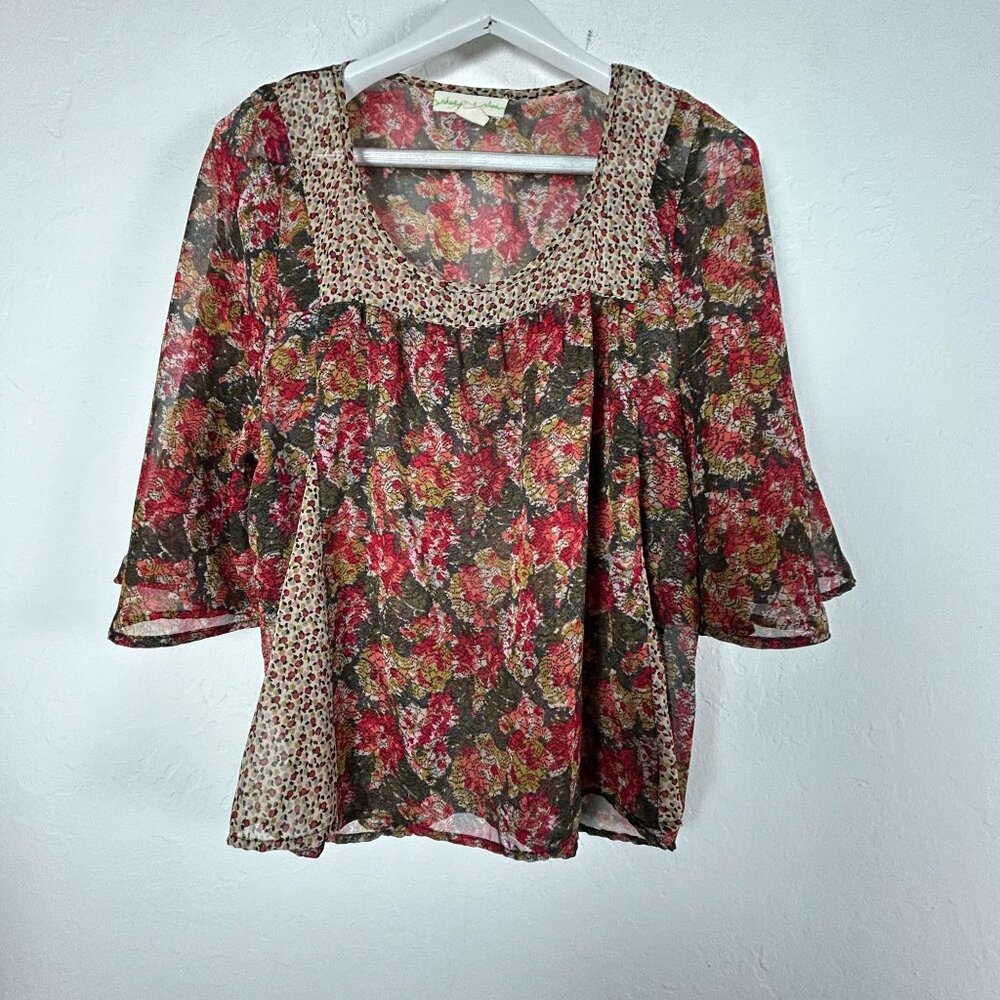 Staring at Stars Womens Floral Boho Semi-Sheer 3/4 Sleeve Tunic Blouse Medium